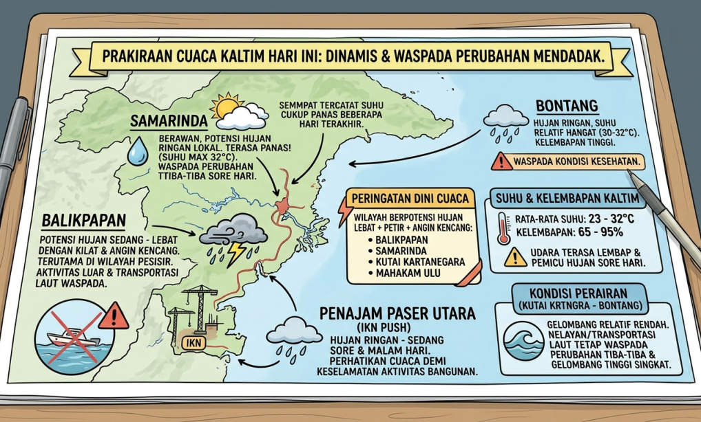 Cuaca Kaltim Hari Ini: Samarinda Terik Berujung Hujan, Balikpapan Waspada Hujan Lebat Disertai Petir