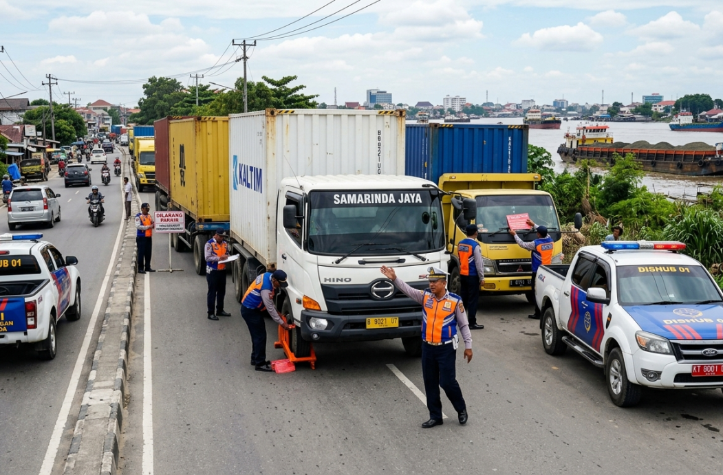 Dishub Samarinda Tertibkan Parkir Liar Truk dan Kontainer di Sungai Kunjang, Sanksi Lebih Tegas Disiapkan