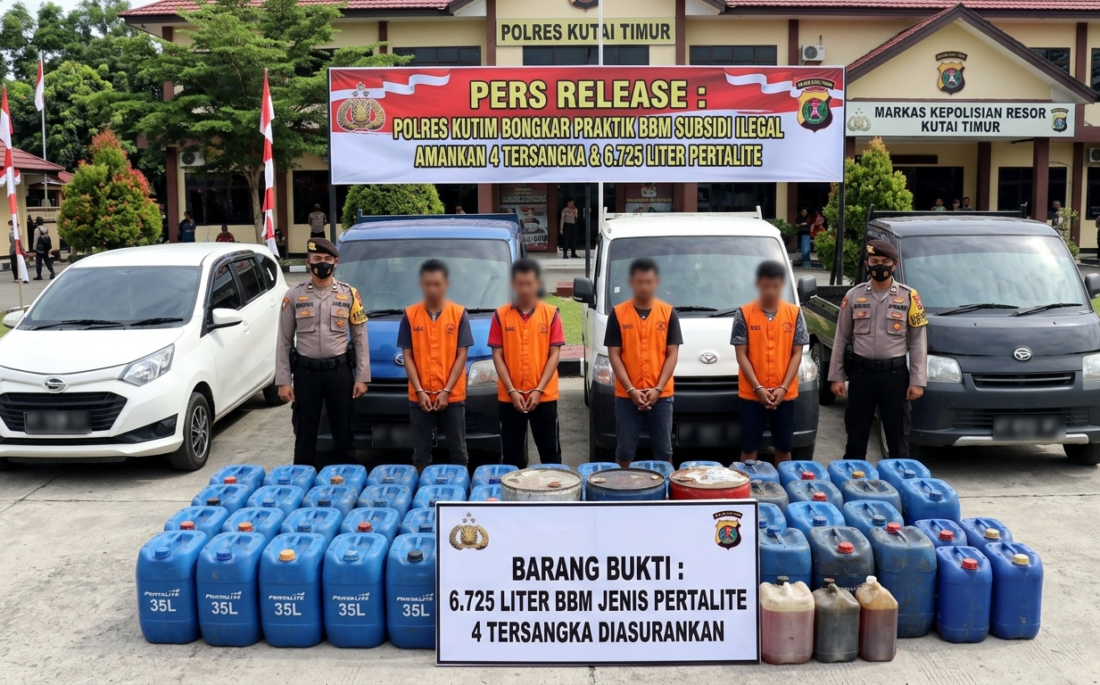 Polres Kutim Bongkar Praktik BBM Subsidi Ilegal, Empat Tersangka Diamankan Bersama Ribuan Liter Pertalite